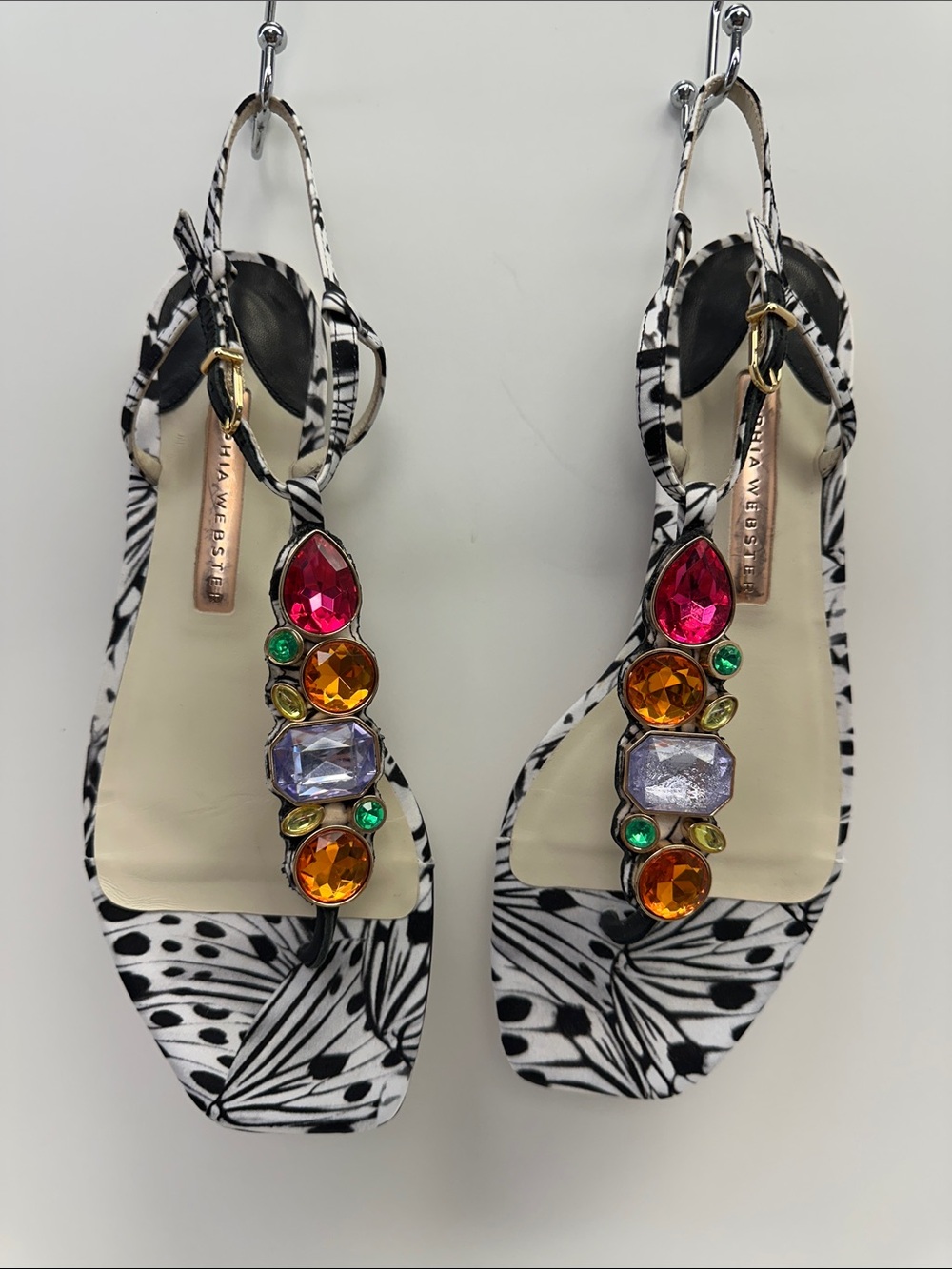 Sophia Webster Embellished Black & White Patterned Slingback Sandals